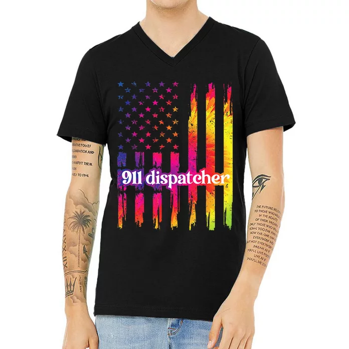 911 Dispatcher US Flag Emergency Dispatcher V-Neck T-Shirt