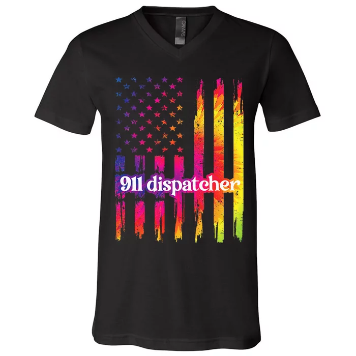 911 Dispatcher US Flag Emergency Dispatcher V-Neck T-Shirt