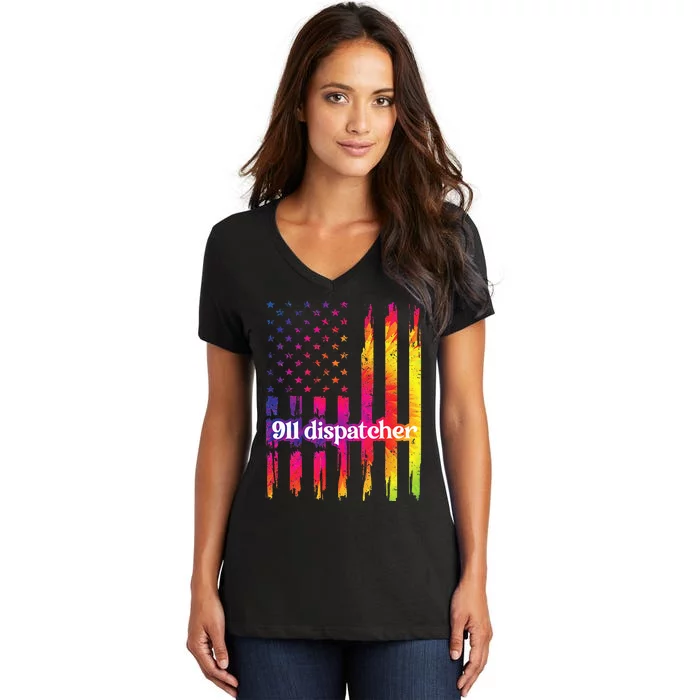 911 Dispatcher US Flag Emergency Dispatcher Women's V-Neck T-Shirt