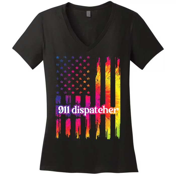 911 Dispatcher US Flag Emergency Dispatcher Women's V-Neck T-Shirt