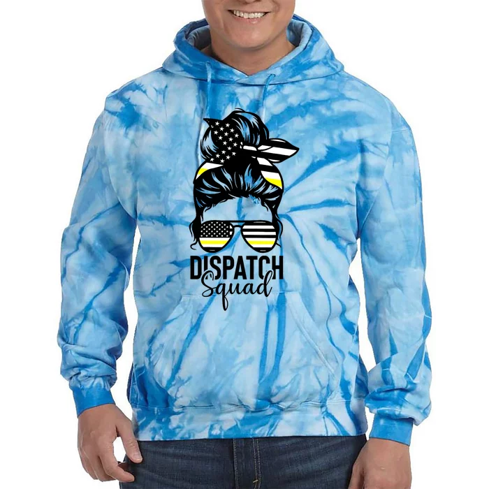 911 Dispatcher Week Dispatch Squad American Flag Messy Bun Tie Dye Hoodie