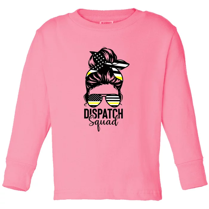 911 Dispatcher Week Dispatch Squad American Flag Messy Bun Toddler Long Sleeve Shirt