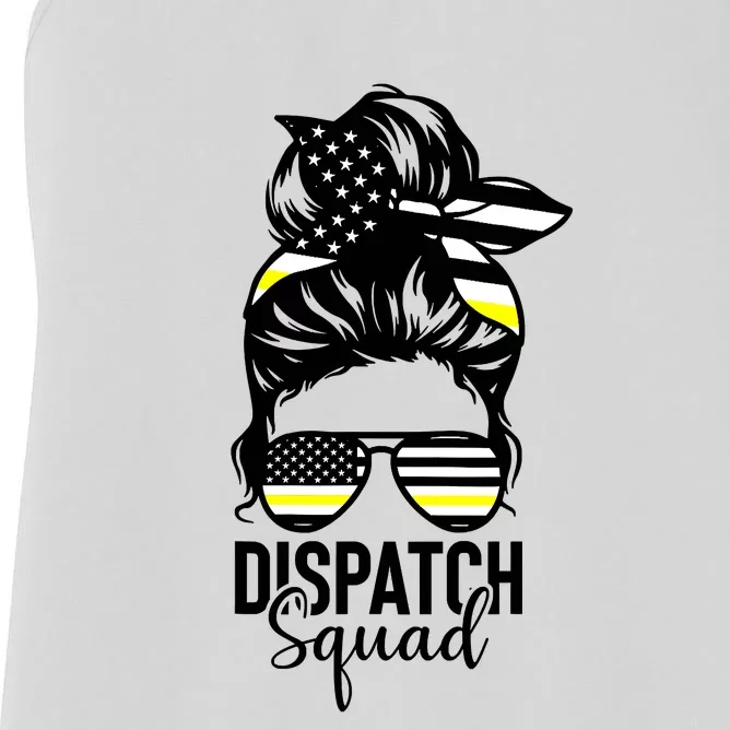 911 Dispatcher Week Dispatch Squad American Flag Messy Bun Women's Racerback Tank