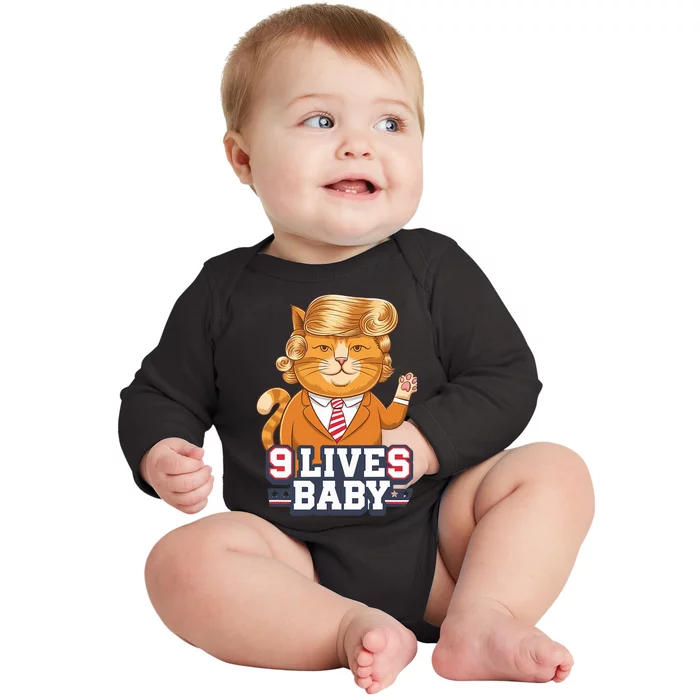 9 Lives Baby Trump Cat Funny Political Humor Design Baby Long Sleeve Bodysuit