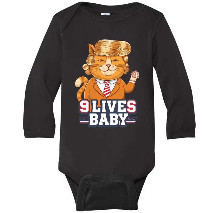 9 Lives Baby Trump Cat Funny Political Humor Design Baby Long Sleeve Bodysuit