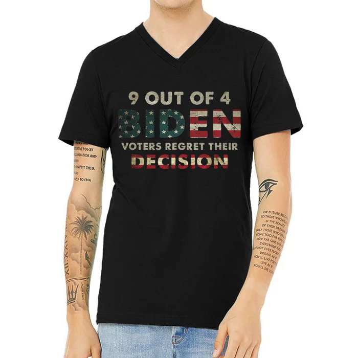 9 Out Of 4 Biden Voters Regret Their Decision USA Flag Funny V-Neck T-Shirt