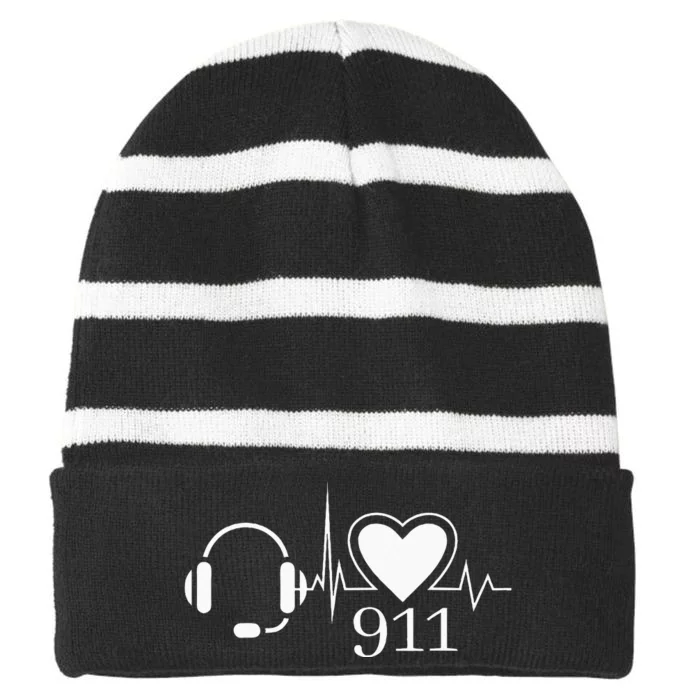 911 Police Dispatcher Thin Gold Line Heartbeat Law Enforcemt Striped Beanie with Solid Band