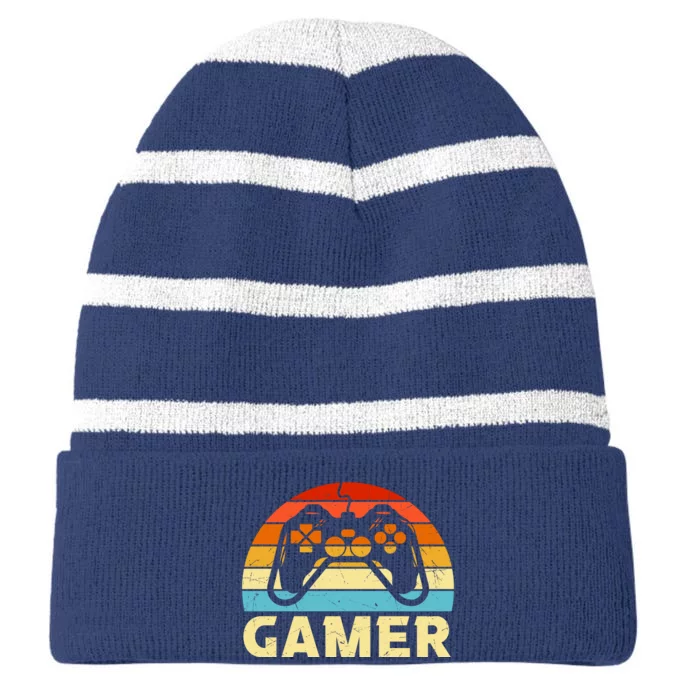 90's Retro Gamer Geeky Gamer Game Controller Video Game Lover Striped Beanie with Solid Band