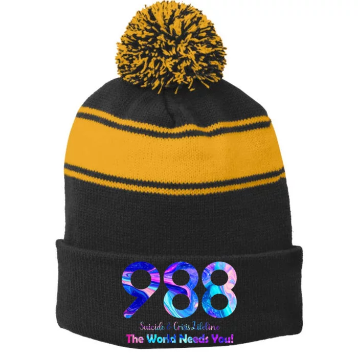 988 Suicide and Crisis Lifeline The World Needs You Stripe Pom Pom Beanie