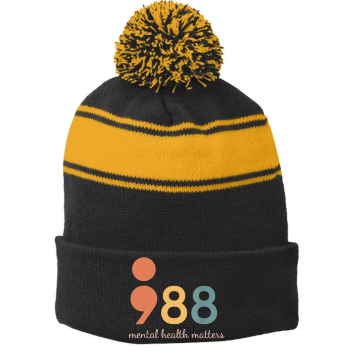 988 Semicolon Mental Health Matters Suicide Prevention Stripe Pom Pom Beanie