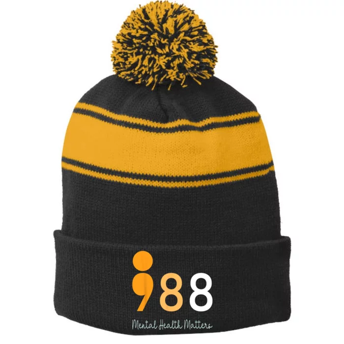 988 Semicolon Mental Health Matters Suicide Prevention Retro Stripe Pom Pom Beanie