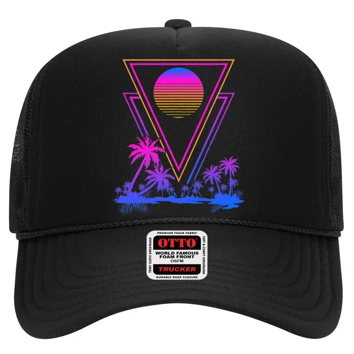 90s Vaporwave Aesthetic Palm Trees High Crown Mesh Trucker Hat