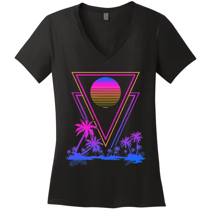 90s Vaporwave Aesthetic Palm Trees Retro 80s Art Vaporwave Women's V-Neck T-Shirt