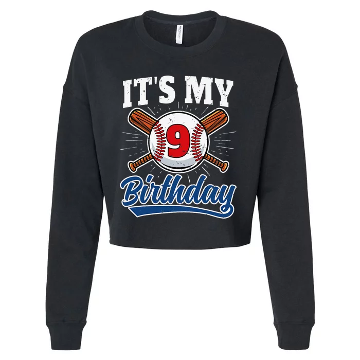 9 Years Old Baseball Player 9th Birthday Party Cropped Pullover Crew