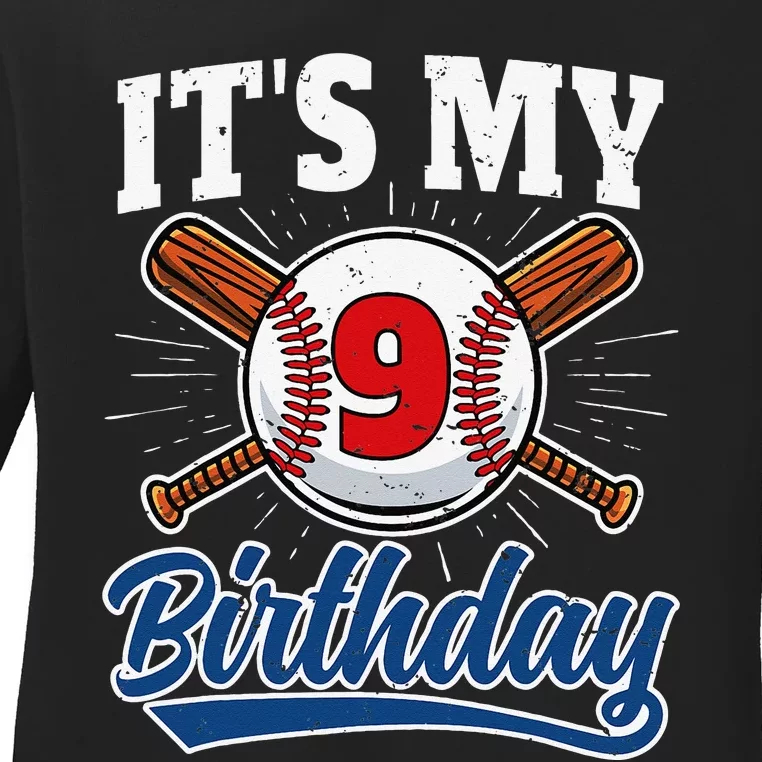 9 Years Old Baseball Player 9th Birthday Party Ladies Long Sleeve Shirt