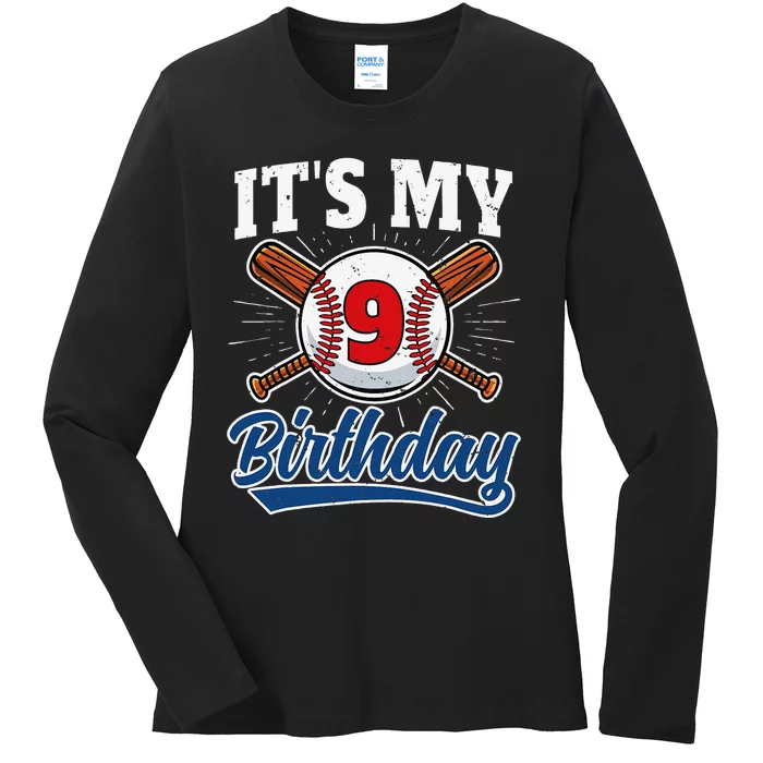 9 Years Old Baseball Player 9th Birthday Party Ladies Long Sleeve Shirt