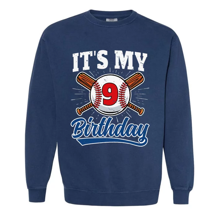 9 Years Old Baseball Player 9th Birthday Party Garment-Dyed Sweatshirt