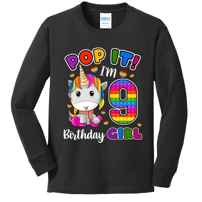 9 Year Old Gift 9th Birthday Girl Unicorn Pop It Fidget Kids Long Sleeve Shirt