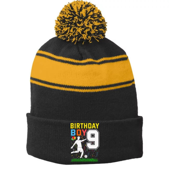 9 Year Old Birthday Boy Soccer 9th Birthday Boy Stripe Pom Pom Beanie