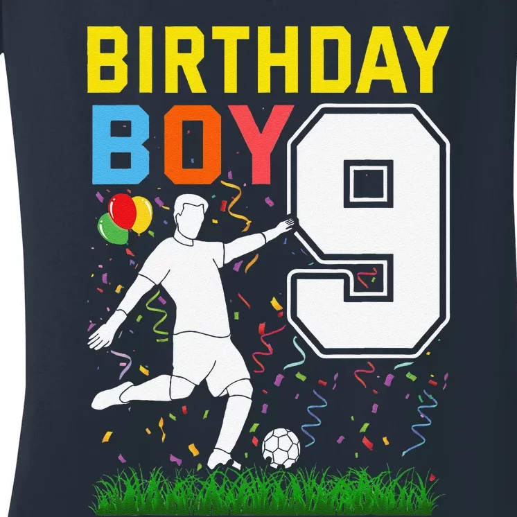 9 Year Old Birthday Boy Soccer 9th Birthday Boy Women's V-Neck T-Shirt