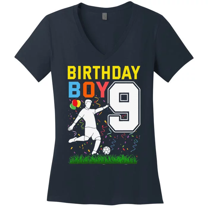 9 Year Old Birthday Boy Soccer 9th Birthday Boy Women's V-Neck T-Shirt