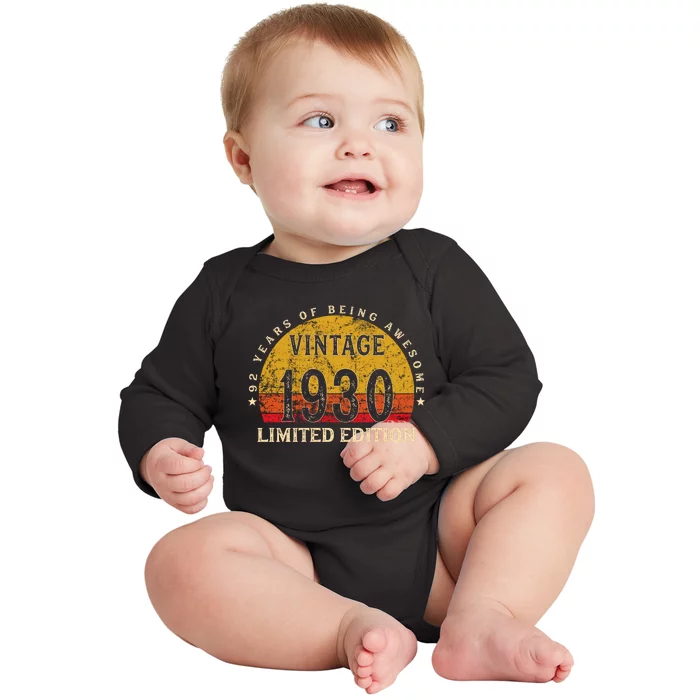 92 Year Old Gifts Retro Vintage 1930 Limited Edition 92th Birthday Baby Long Sleeve Bodysuit