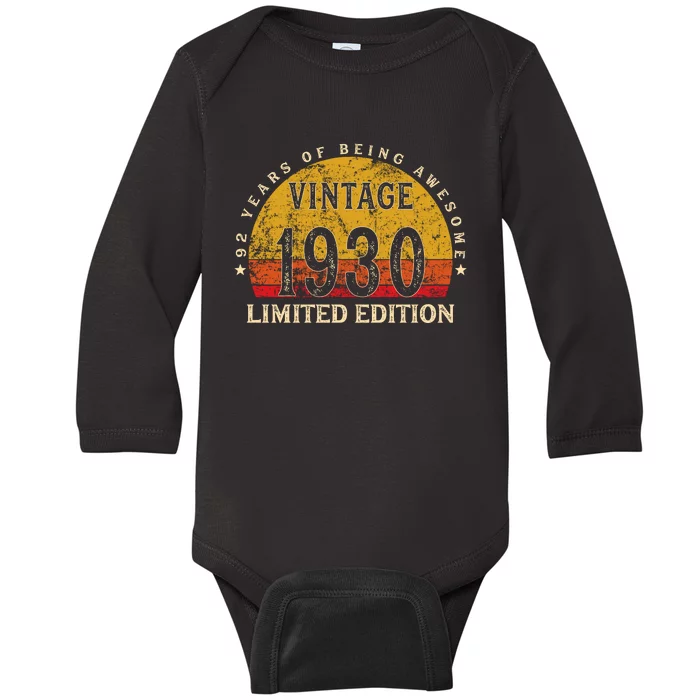 92 Year Old Gifts Retro Vintage 1930 Limited Edition 92th Birthday Baby Long Sleeve Bodysuit