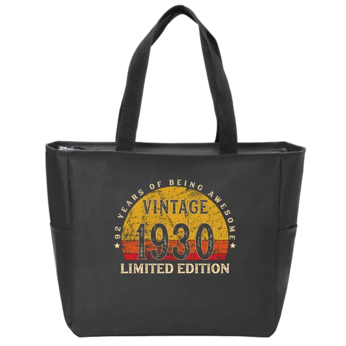 92 Year Old Gifts Retro Vintage 1930 Limited Edition 92th Birthday Zip Tote Bag