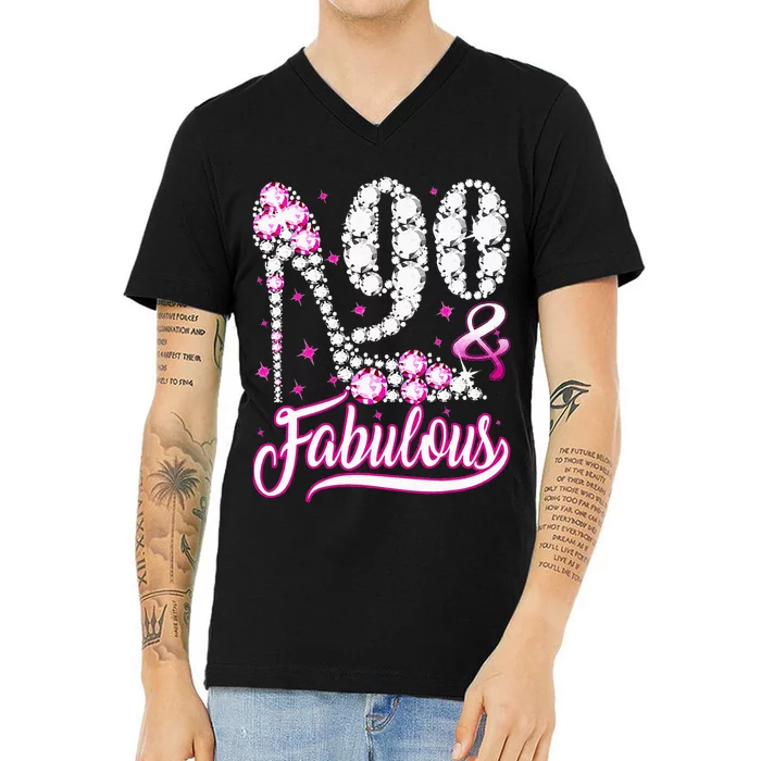 90 Years Old Gifts 90 & Fabulous 90th Birthday Pink Diamond V-Neck T-Shirt