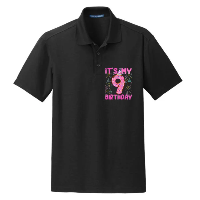 9 years old Funny Donut it's my 9th Birthday Dry Zone Grid Performance Polo