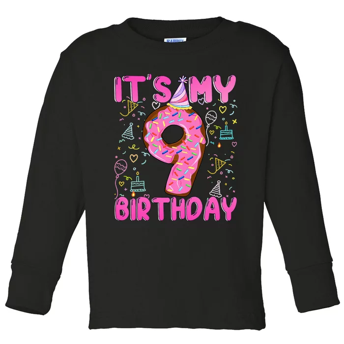 9 years old Funny Donut it's my 9th Birthday Toddler Long Sleeve Shirt