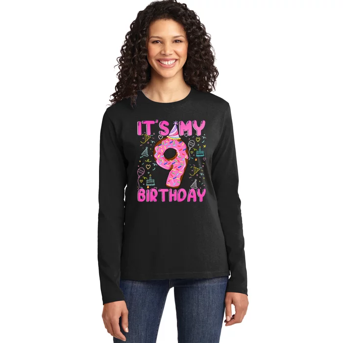 9 years old Funny Donut it's my 9th Birthday Ladies Long Sleeve Shirt