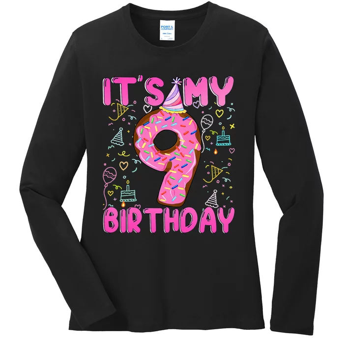 9 years old Funny Donut it's my 9th Birthday Ladies Long Sleeve Shirt