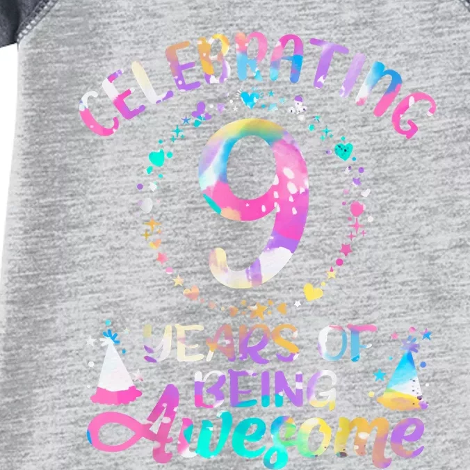 9 Years Of Being Awesome 9 Years Old 9th Birthday Tie Dye Infant Baby Jersey Bodysuit