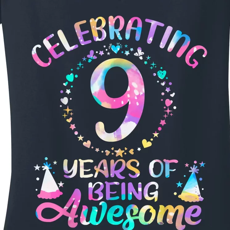 9 Years Of Being Awesome 9 Years Old 9th Birthday Tie Dye Women's V-Neck T-Shirt