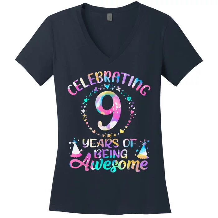 9 Years Of Being Awesome 9 Years Old 9th Birthday Tie Dye Women's V-Neck T-Shirt