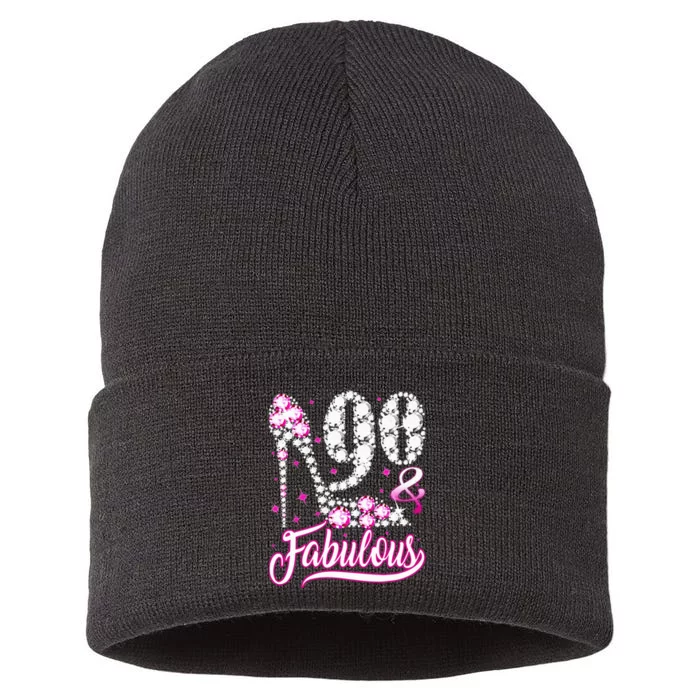 90 Years Old Gifts 90 & Fabulous 90th Birthday Pink Diamond Sustainable Knit Beanie