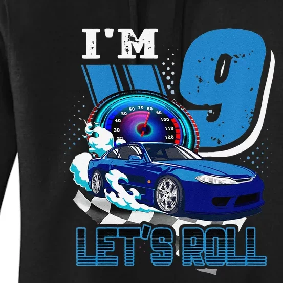 9 Year Old Race Car Birthday 9th Birthday Racing Gift Women's Pullover Hoodie