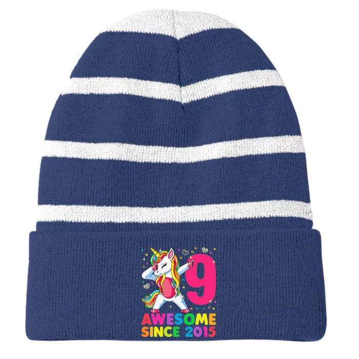 9 Years Old Unicorn Dabbing 9th Birthday Girl Unicorn Party Striped Beanie with Solid Band