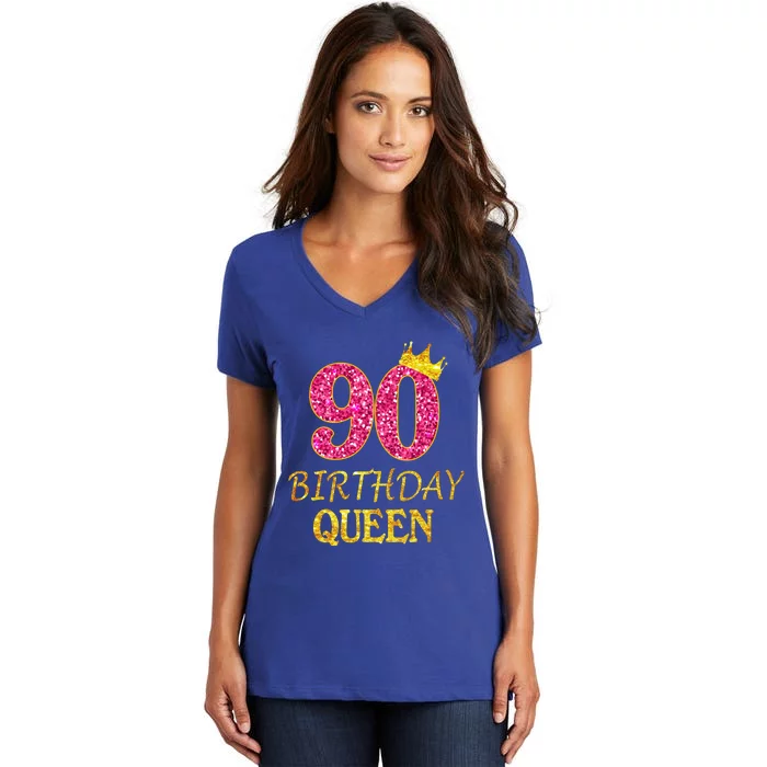 90 Years Old Birthday Queen Funny Gift 90th Birthday Pink Funny Gift Women's V-Neck T-Shirt