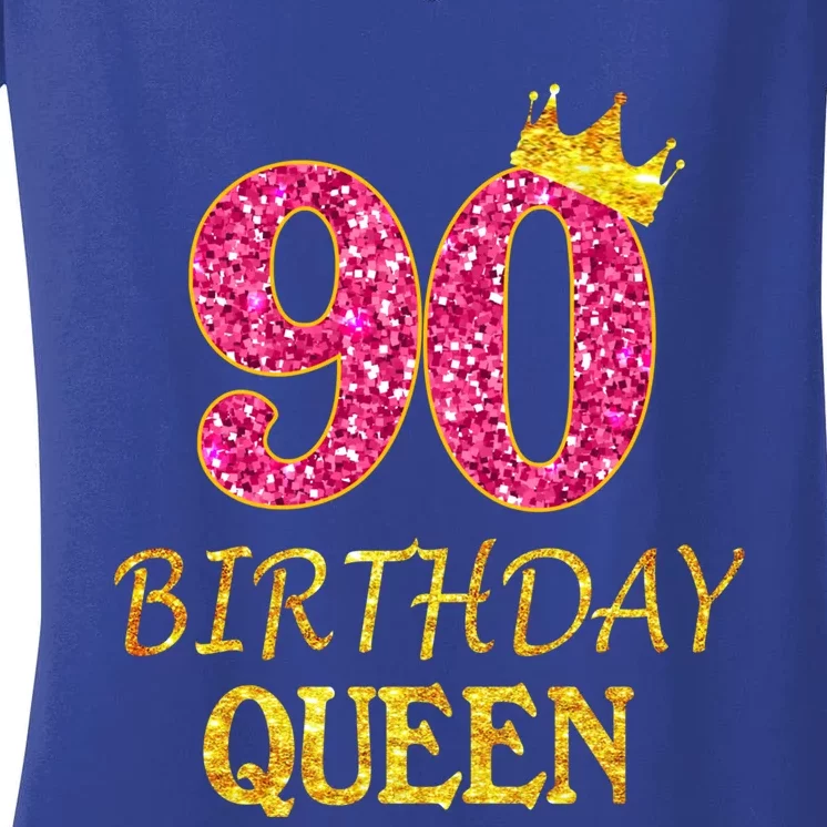 90 Years Old Birthday Queen Funny Gift 90th Birthday Pink Funny Gift Women's V-Neck T-Shirt