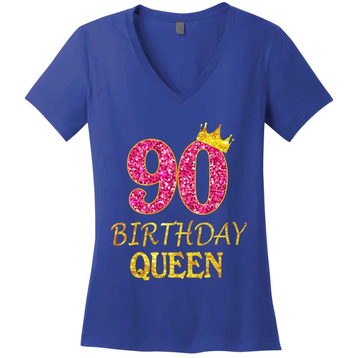 90 Years Old Birthday Queen Funny Gift 90th Birthday Pink Funny Gift Women's V-Neck T-Shirt