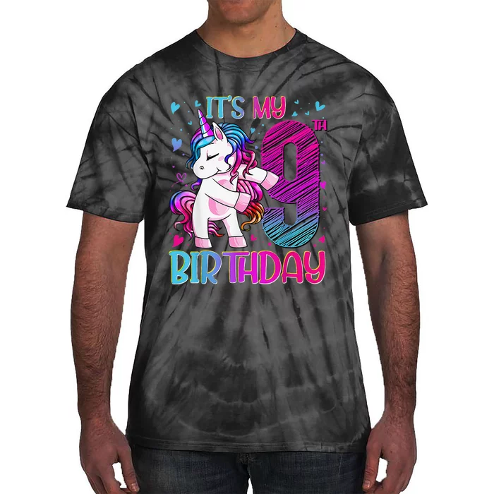 9 Years Old Unicorn Flossing 9th Birthday Unicorn Party Tie-Dye T-Shirt