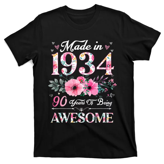 90 Year Old Made In 1934 Floral 90th Birthday Women T-Shirt