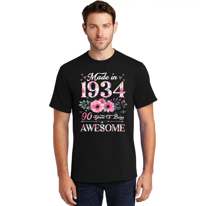 90 Year Old Made In 1934 Floral 90th Birthday Women Tall T-Shirt