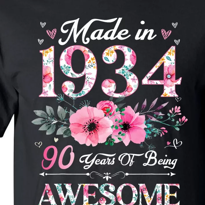 90 Year Old Made In 1934 Floral 90th Birthday Women Tall T-Shirt