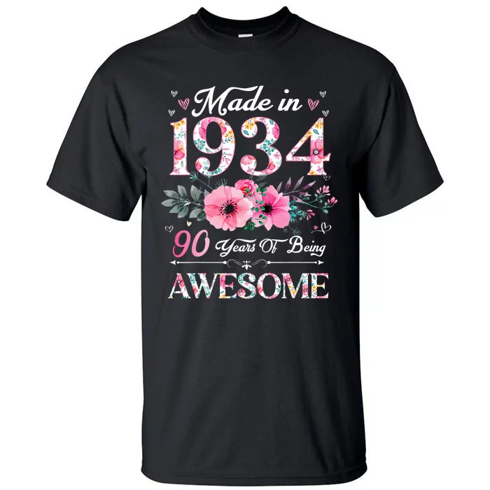 90 Year Old Made In 1934 Floral 90th Birthday Women Tall T-Shirt