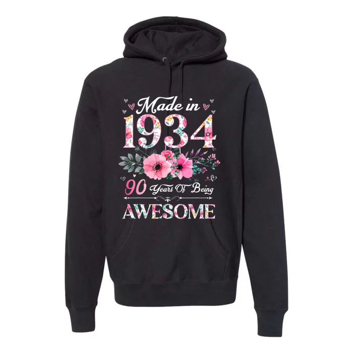 90 Year Old Made In 1934 Floral 90th Birthday Women Premium Hoodie