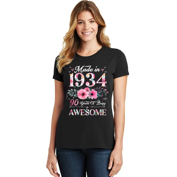 90 Year Old Made In 1934 Floral 90th Birthday Women Women's T-Shirt