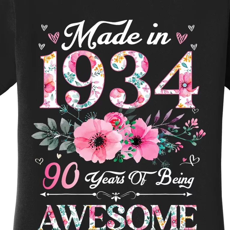 90 Year Old Made In 1934 Floral 90th Birthday Women Women's T-Shirt